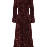 Sequin Decorated Velvet Long Sleeve Midi Dress