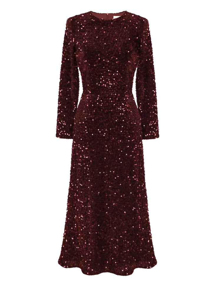 Burgundy sequin-embellished velvet midi dress with long sleeves and A-line silhouette — Post Meridiem | Endless UAE