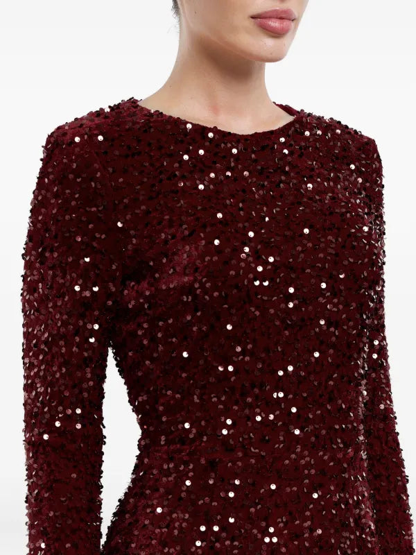 Burgundy sequin-embellished velvet midi dress with long sleeves and round neckline — Post Meridiem | Endless UAE
