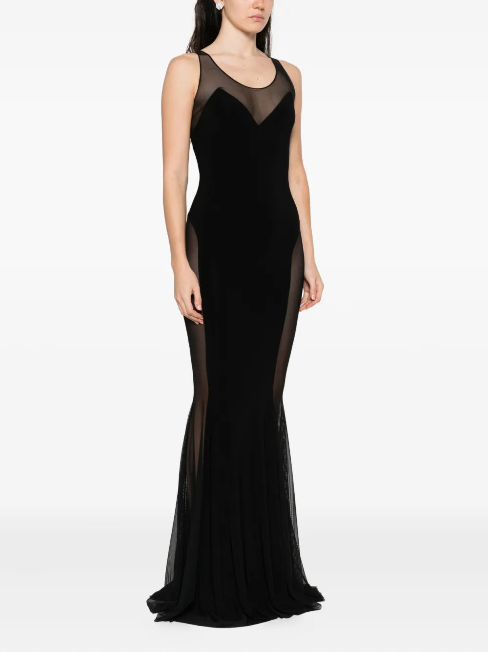 Black sleeveless maxi dress with sheer mesh paneling at neckline, sides and skirt, fitted silhouette — Norma Kamali | Endless UAE