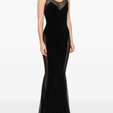 Black sleeveless maxi dress with sheer mesh paneling at neckline, sides and skirt, fitted silhouette — Norma Kamali | Endless UAE