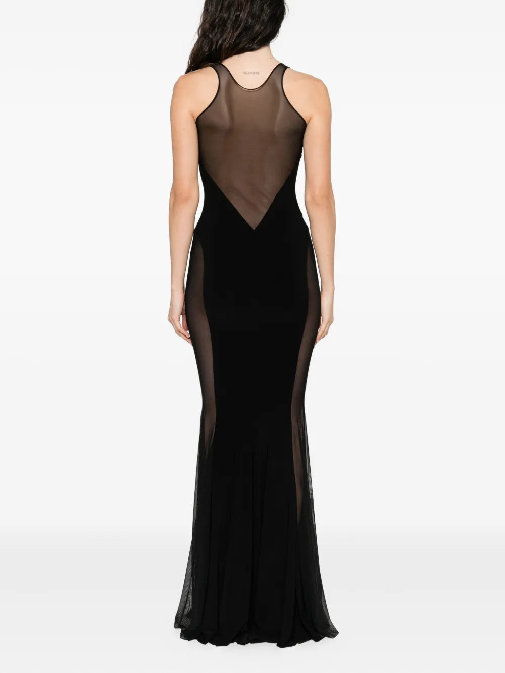 Black panelled maxi dress with sheer mesh inserts and racerback design — Norma Kamali | Endless UAE