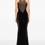 Black panelled maxi dress with sheer mesh inserts and racerback design — Norma Kamali | Endless UAE