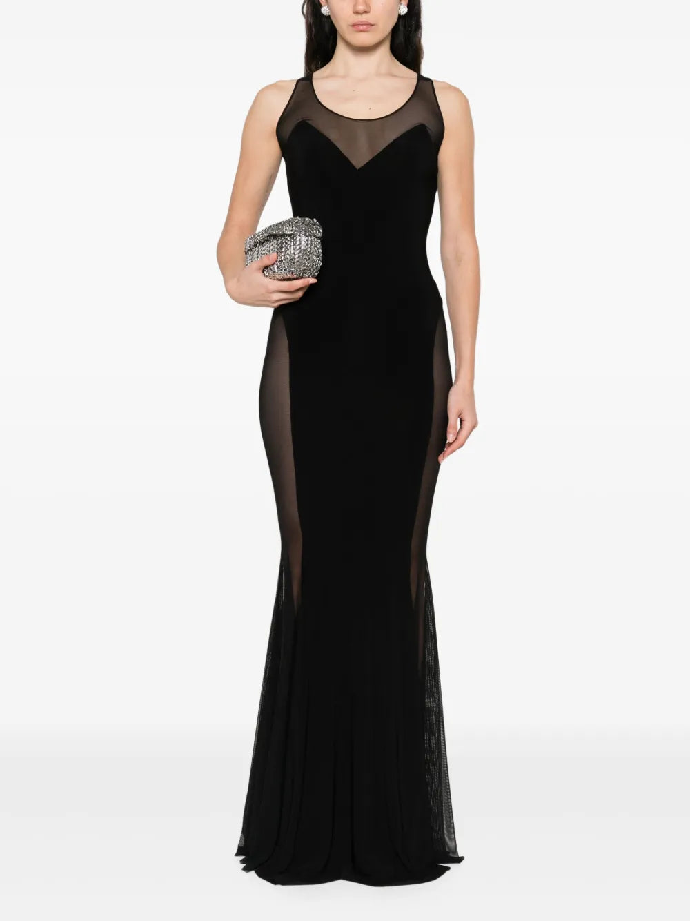 Black sleeveless maxi dress with sheer mesh panel inserts and form-fitting silhouette — Norma Kamali | Endless UAE