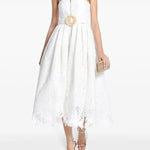 White strapless lace midi dress with gold buckle belt and scalloped hem — Leo Lin | Endless UAE