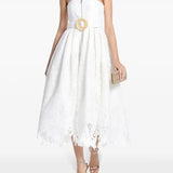 White strapless lace midi dress with gold buckle belt and scalloped hem — Leo Lin | Endless UAE