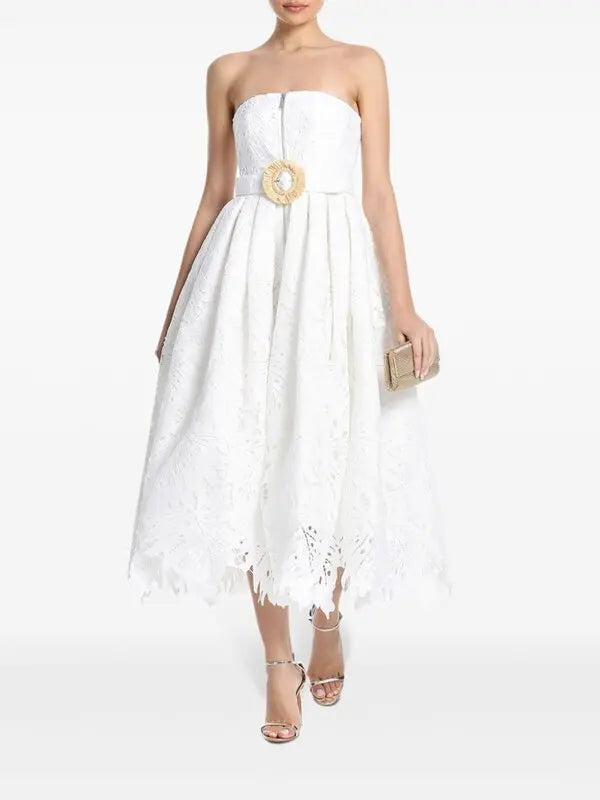 White strapless lace midi dress with gold buckle belt and scalloped hem — Leo Lin | Endless UAE