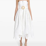 White strapless lace midi dress with gold buckle belt and scalloped hem — Leo Lin | Endless UAE
