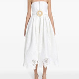 White strapless lace midi dress with gold buckle belt and scalloped hem — Leo Lin | Endless UAE