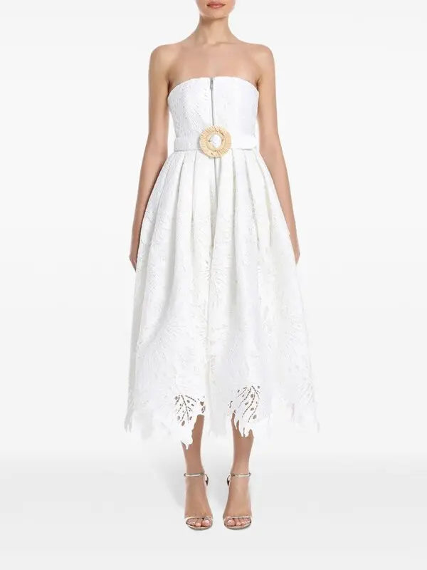 White strapless lace midi dress with gold buckle belt and scalloped hem — Leo Lin | Endless UAE