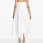 White strapless lace midi dress with gold buckle belt and scalloped hem — Leo Lin | Endless UAE