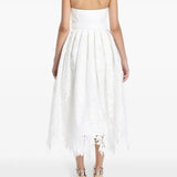 White strapless lace midi dress with gold buckle belt and scalloped hem — Leo Lin | Endless UAE