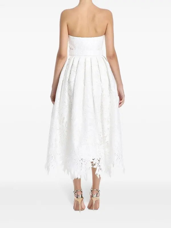 White strapless lace midi dress with gold buckle belt and scalloped hem — Leo Lin | Endless UAE