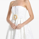 White strapless lace midi dress with gold buckle belt and scalloped hem — Leo Lin | Endless UAE