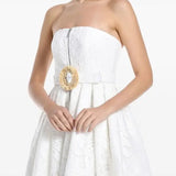 White strapless lace midi dress with gold buckle belt and scalloped hem — Leo Lin | Endless UAE
