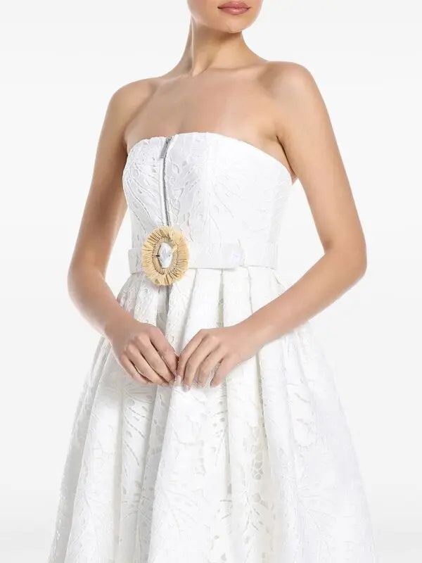 White strapless lace midi dress with gold buckle belt and scalloped hem — Leo Lin | Endless UAE
