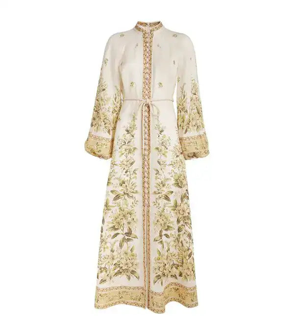 Cream floral midi dress with gold embroidery and puffed sleeves — Zimmermann | Endless UAE