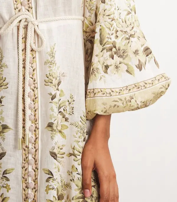 Cream floral midi dress with gold embroidery and puffed sleeves — Zimmermann | Endless UAE