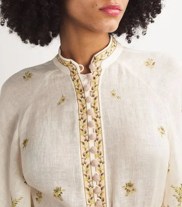 Cream floral midi dress with gold embroidery and puffed sleeves — Zimmermann | Endless UAE