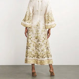 Cream floral midi dress with gold embroidery and puffed sleeves — Zimmermann | Endless UAE