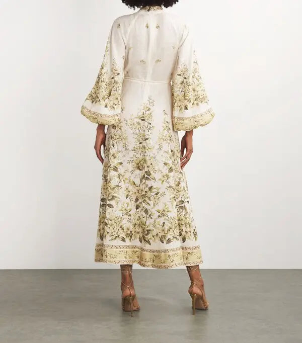 Cream floral midi dress with gold embroidery and puffed sleeves — Zimmermann | Endless UAE