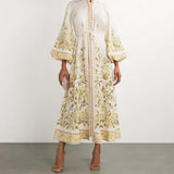 Cream floral midi dress with gold embroidery and puffed sleeves — Zimmermann | Endless UAE