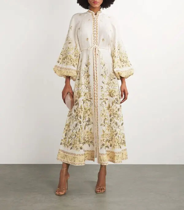 Cream floral midi dress with gold embroidery and puffed sleeves — Zimmermann | Endless UAE