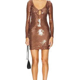 Rose gold sequin mini dress with long sleeves and v-neckline — Verona | Endless UAE
