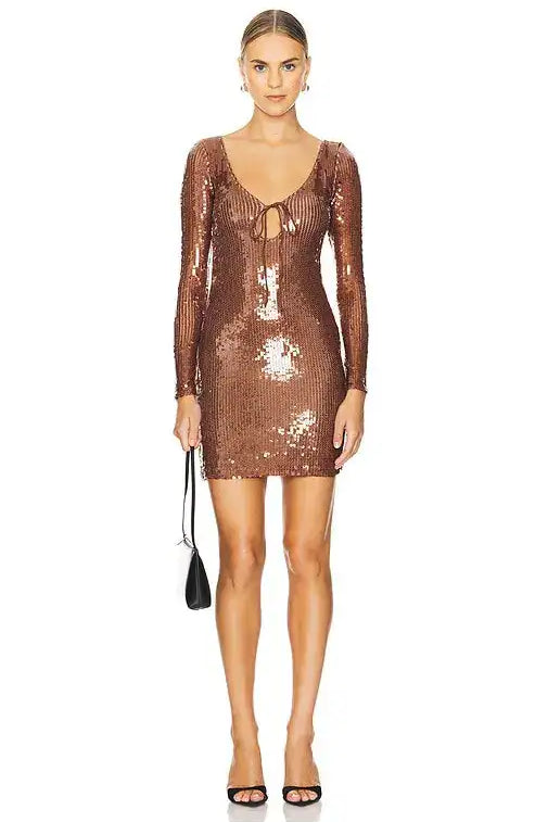 Rose gold sequin mini dress with long sleeves and v-neckline — Verona | Endless UAE