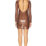 Rose gold sequin mini dress with long sleeves and v-neckline — Verona | Endless UAE