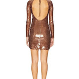 Rose gold sequin mini dress with long sleeves and v-neckline — Verona | Endless UAE