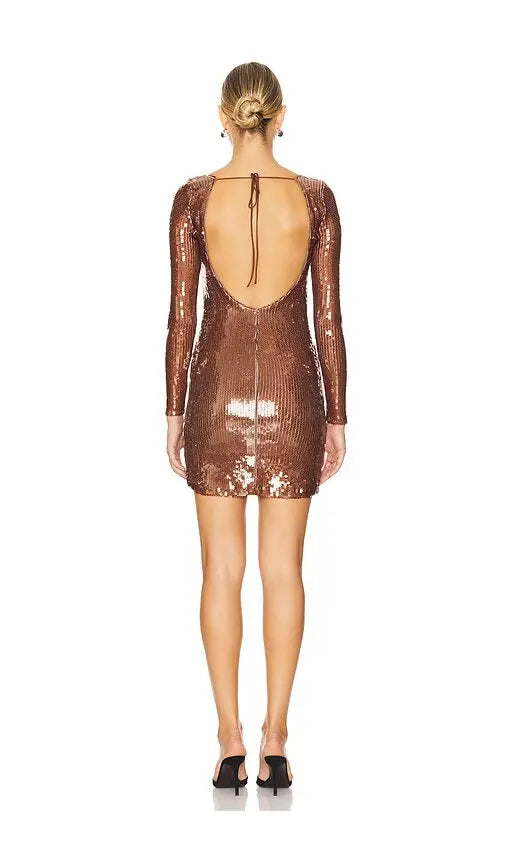 Rose gold sequin mini dress with long sleeves and v-neckline — Verona | Endless UAE
