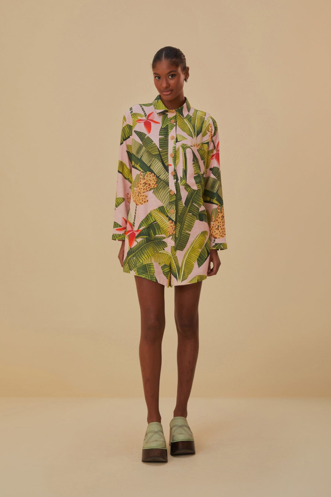 Green banana leaves long sleeve linen romper in pink — Farm Rio | Endless UAE