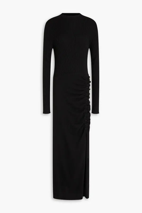Black ribbed wool-blend midi dress with long sleeves and ruched side detailing — Sandro | Endless UAE