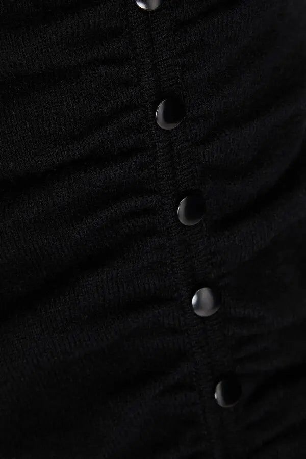 Black ribbed wool-blend midi dress with ruched detailing and button closure — Sandro | Endless UAE