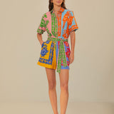 Colorful patchwork romper with mixed floral prints and green trim belt — FARM Rio | Endless UAE