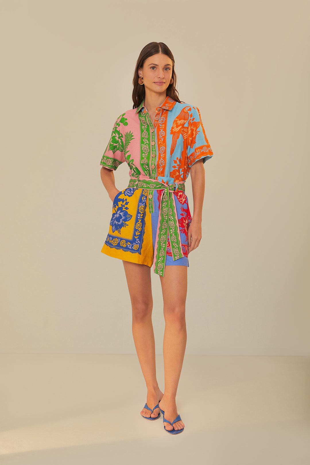 Colorful patchwork romper with mixed floral prints and green trim belt — FARM Rio | Endless UAE