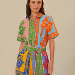 Colorful patchwork romper with mixed floral prints and green trim belt — FARM Rio | Endless UAE