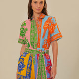 Colorful patchwork romper with mixed floral prints and green trim belt — FARM Rio | Endless UAE