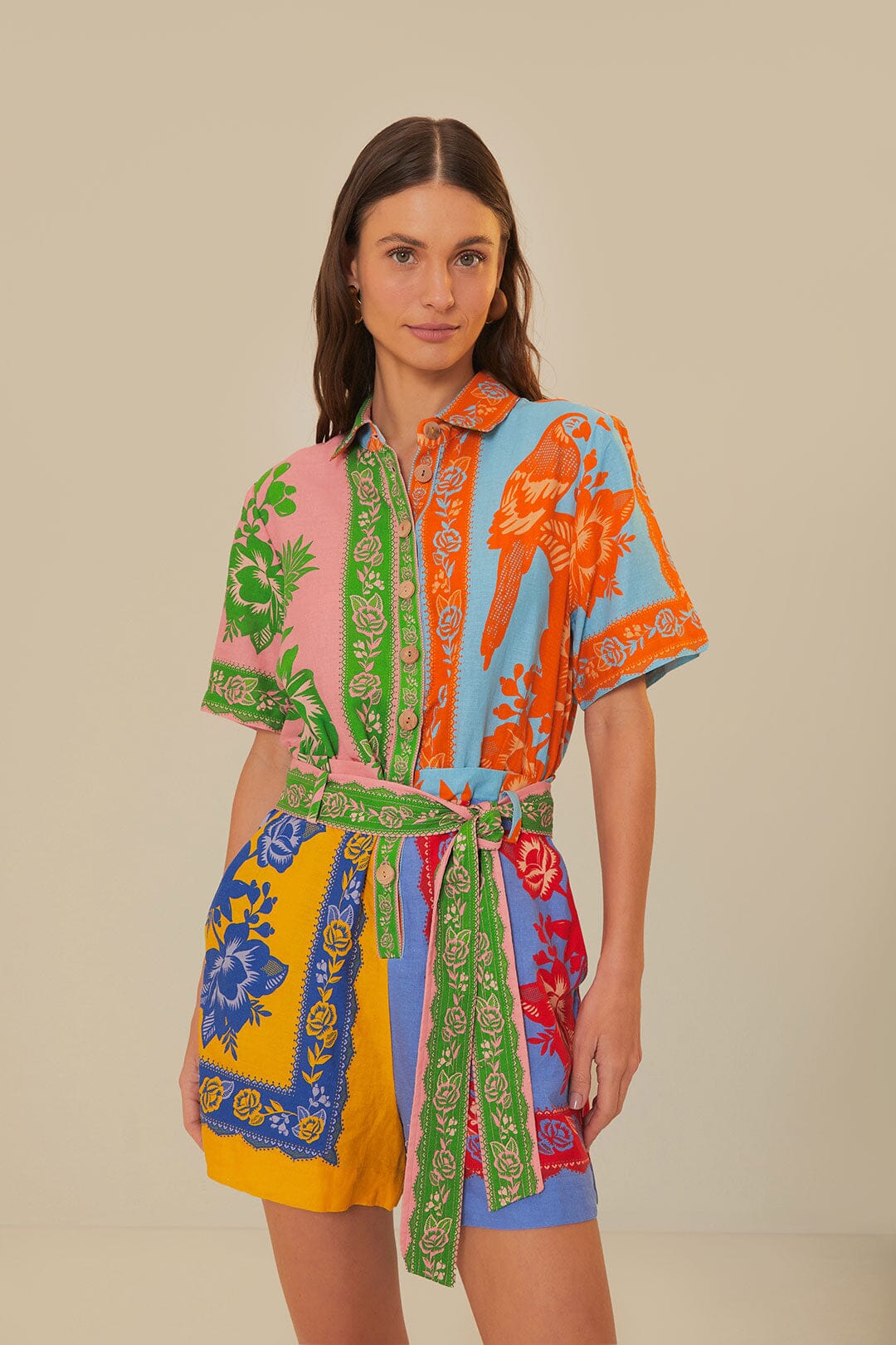 Colorful patchwork romper with mixed floral prints and green trim belt — FARM Rio | Endless UAE