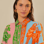 Colorful patchwork romper with mixed floral prints and green trim belt — FARM Rio | Endless UAE
