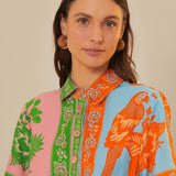 Colorful patchwork romper with mixed floral prints and green trim belt — FARM Rio | Endless UAE