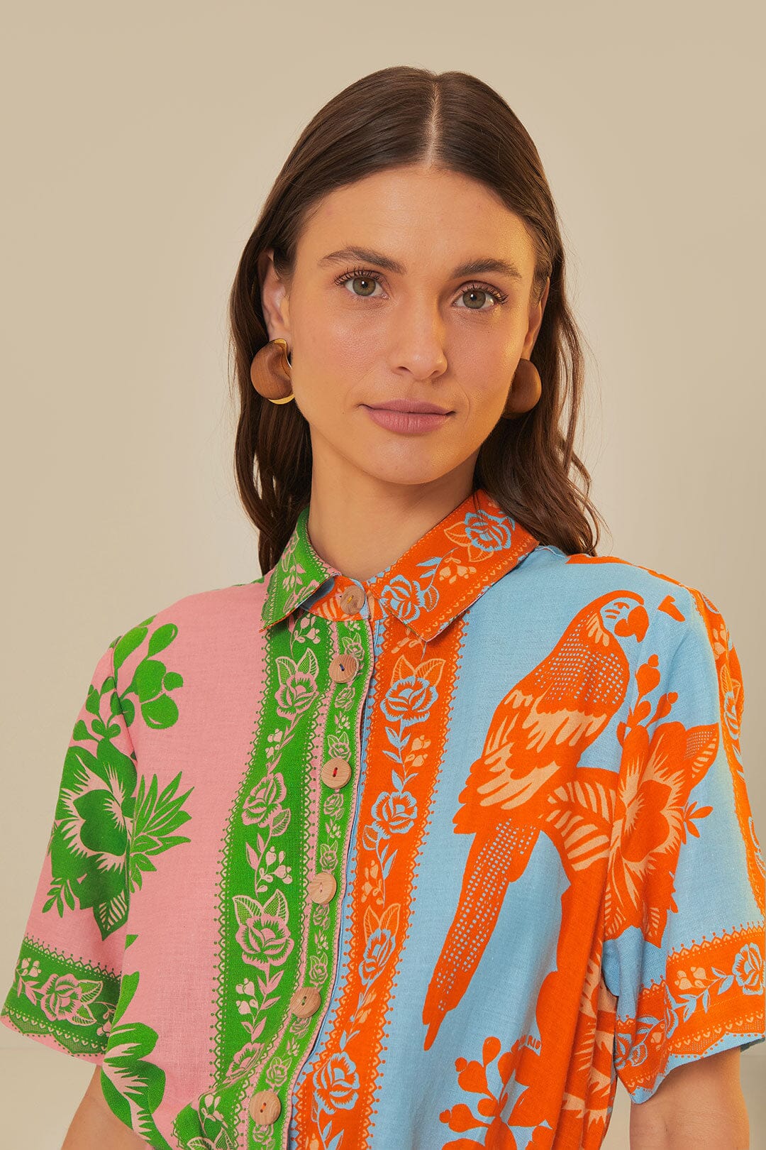Colorful patchwork romper with mixed floral prints and green trim belt — FARM Rio | Endless UAE