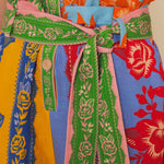Colorful patchwork romper with mixed floral prints and green trim belt — FARM Rio | Endless UAE