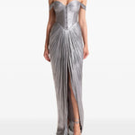 Silver pleated off-shoulder gown with high slit — Maria Lucia Hohan | Endless UAE