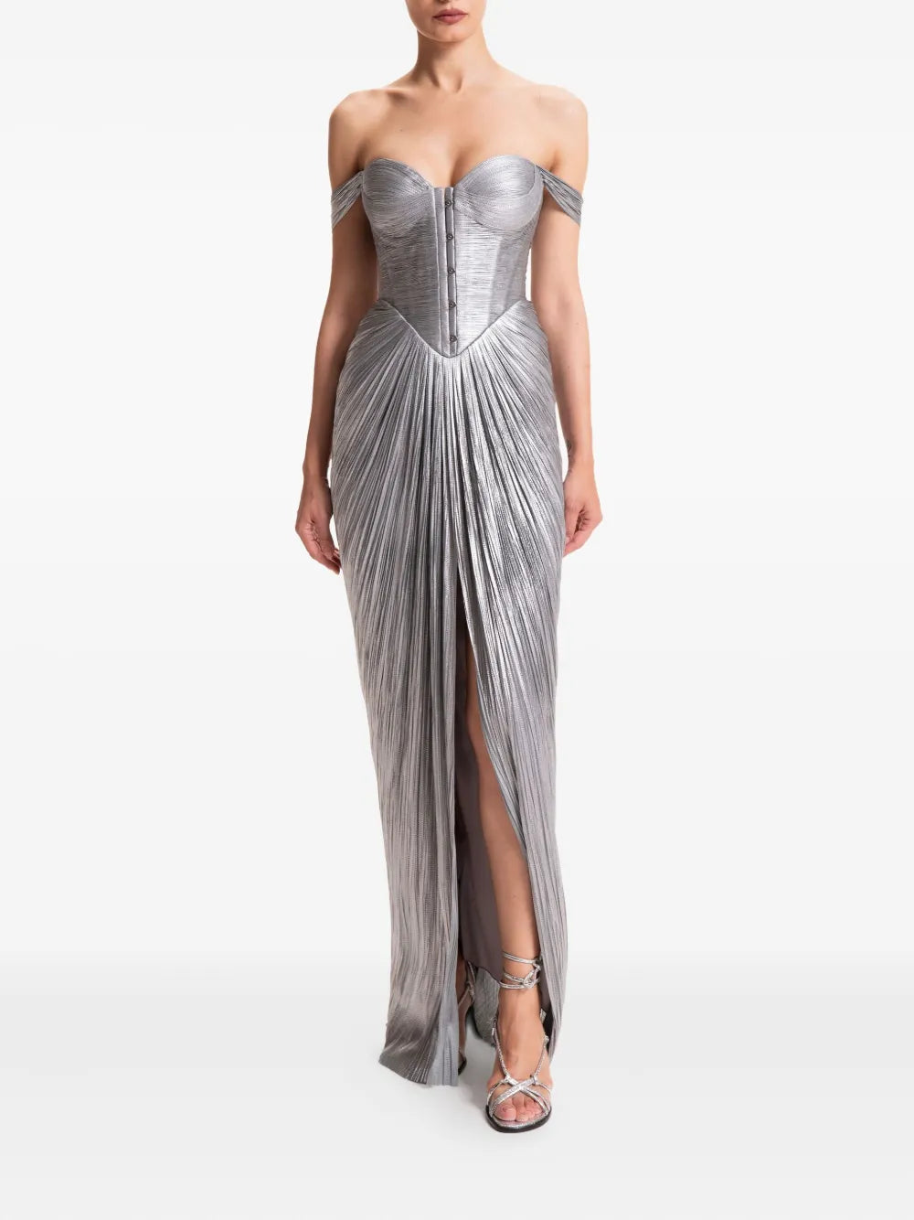 Silver pleated off-shoulder gown with high slit — Maria Lucia Hohan | Endless UAE