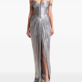 Silver pleated off-shoulder gown with high slit — Maria Lucia Hohan | Endless UAE