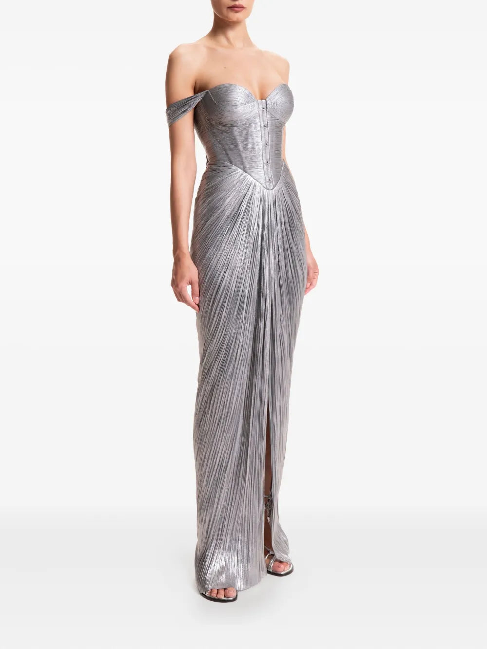 Silver pleated off-shoulder gown with high slit — Maria Lucia Hohan | Endless UAE