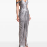 Silver pleated off-shoulder gown with high slit — Maria Lucia Hohan | Endless UAE