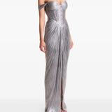 Silver pleated off-shoulder gown with high slit — Maria Lucia Hohan | Endless UAE